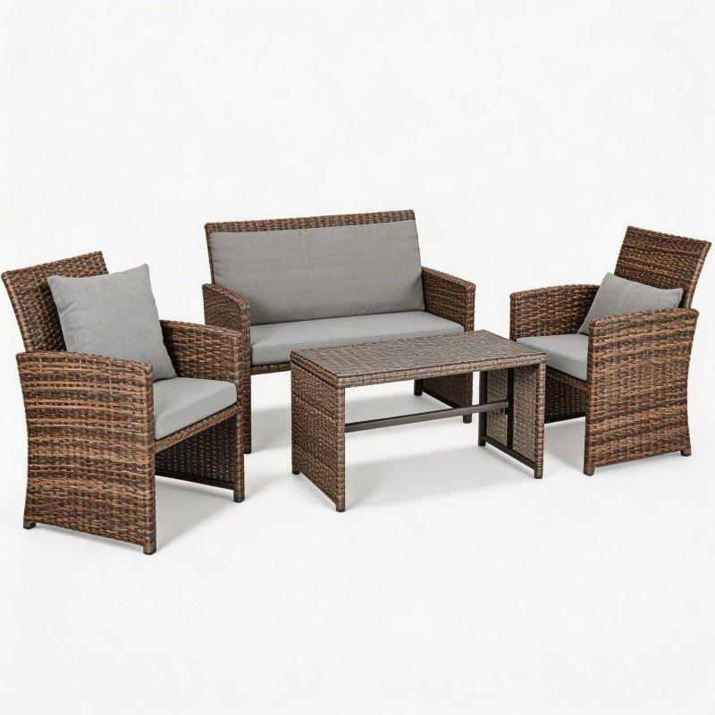 Bej Minderli Kahverengi Rattan 4 Parça Bahçe Takımı - 270722