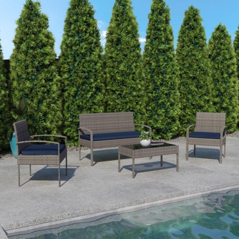 Bej Minderli Kahverengi Rattan Çelik İskeletli 4 Parça Bahçe Takımı - 272838