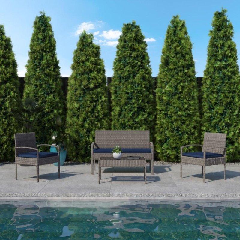 Bej Minderli Kahverengi Rattan Çelik İskeletli 4 Parça Bahçe Takımı - 272838