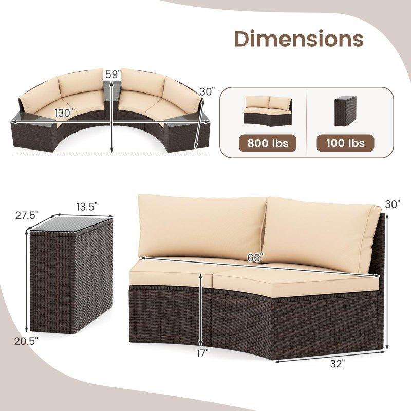 Bej Minderli Karışık Kahverengi PE Rattan 5 Parça Kavisli Bahçe Takımı - 271139