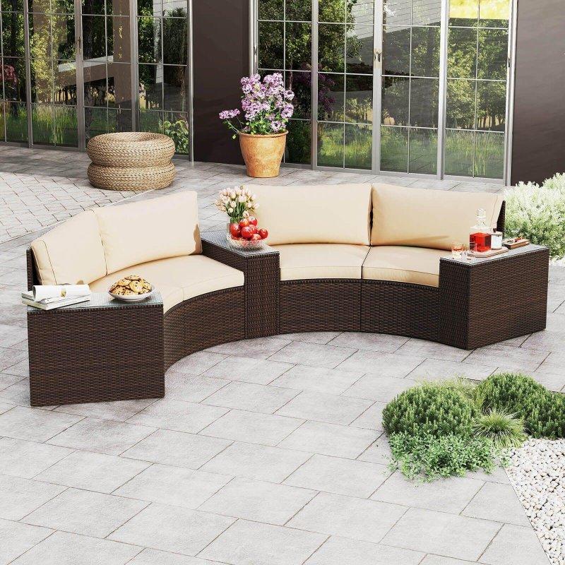Bej Minderli Karışık Kahverengi PE Rattan 5 Parça Kavisli Bahçe Takımı - 271139