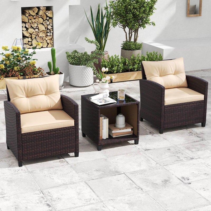 Bej Minderli Karışık Kahverengi Rattan 3 Parça Bahçe Takımı - 269182