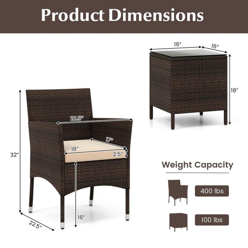 Bej Minderli Karışık Kahverengi Rattan 3 Parça Bahçe Takımı - 275203