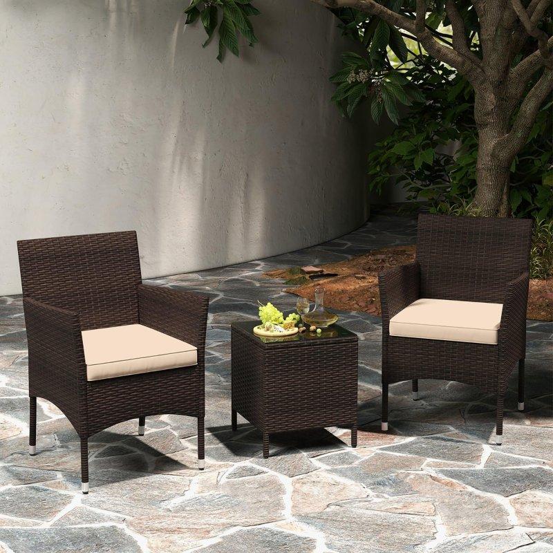 Bej Minderli Karışık Kahverengi Rattan 3 Parça Bahçe Takımı - 275203