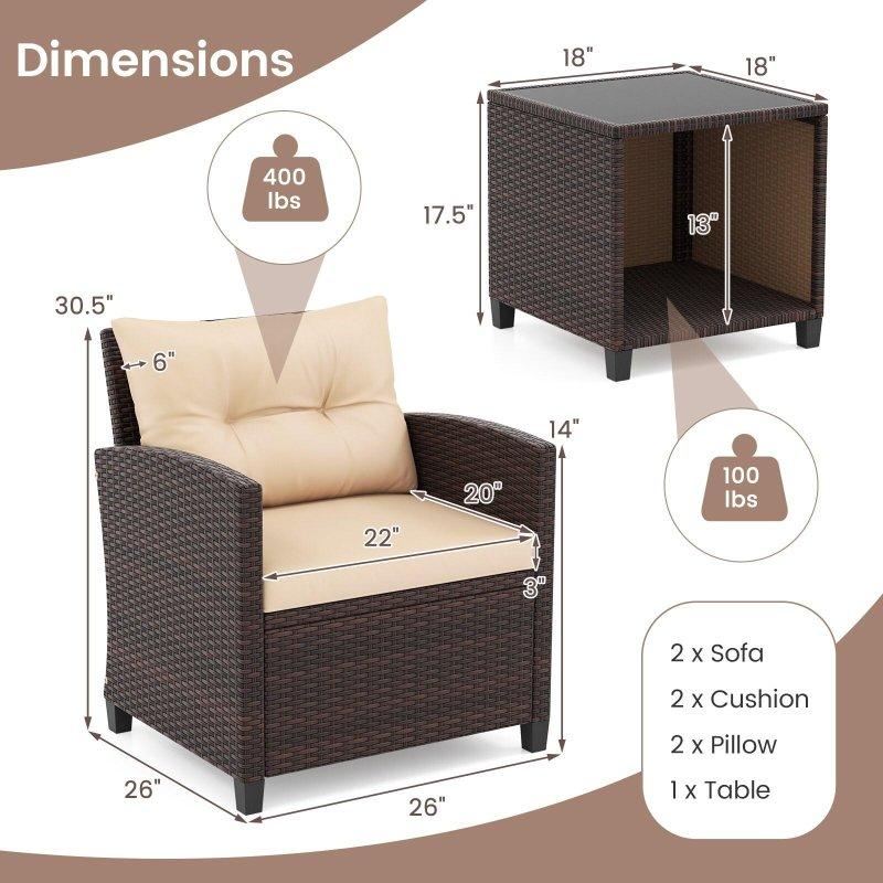 Bej Minderli Karışık Kahverengi Rattan Cam Tablalı 3 Parça Bahçe Takımı - 273259