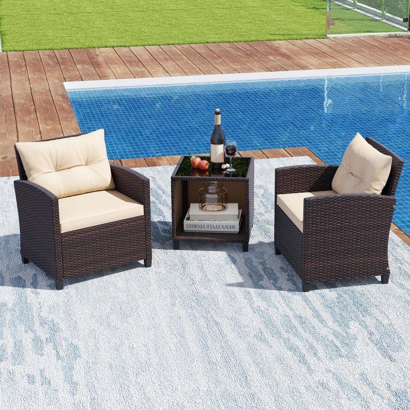 Bej Minderli Karışık Kahverengi Rattan Cam Tablalı 3 Parça Bahçe Takımı - 273259