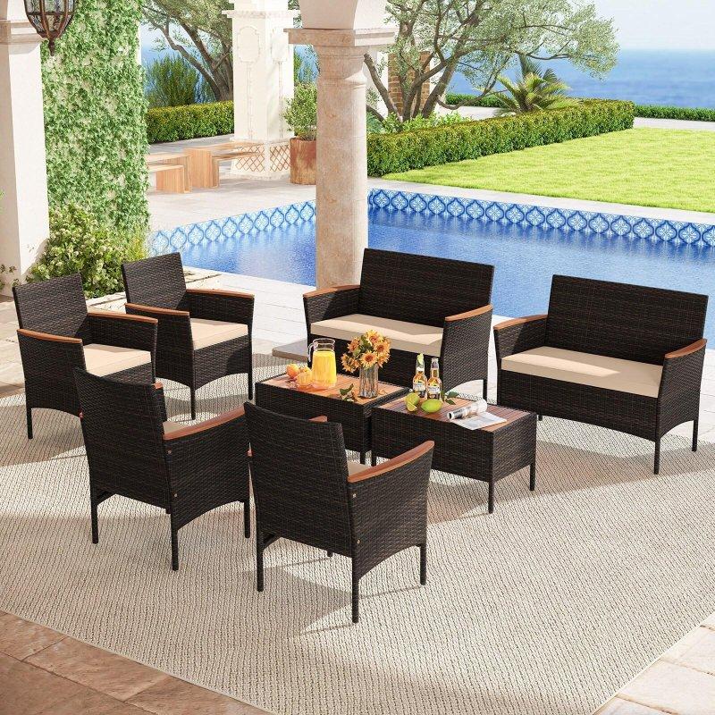 Bej Minderli Karışık Kahverengi Rattan ve Akasya Ahşap 8 Parça Bahçe Takımı - 272130