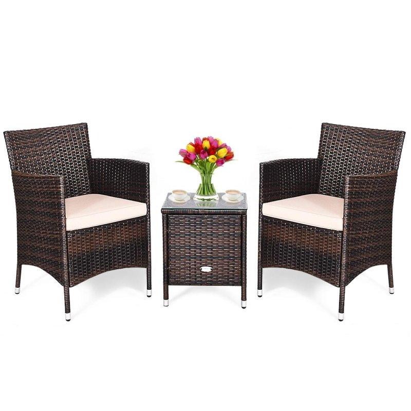 Bej Minderli PE Rattan Cam Tablalı 3 Parça Bahçe Takımı - 275528