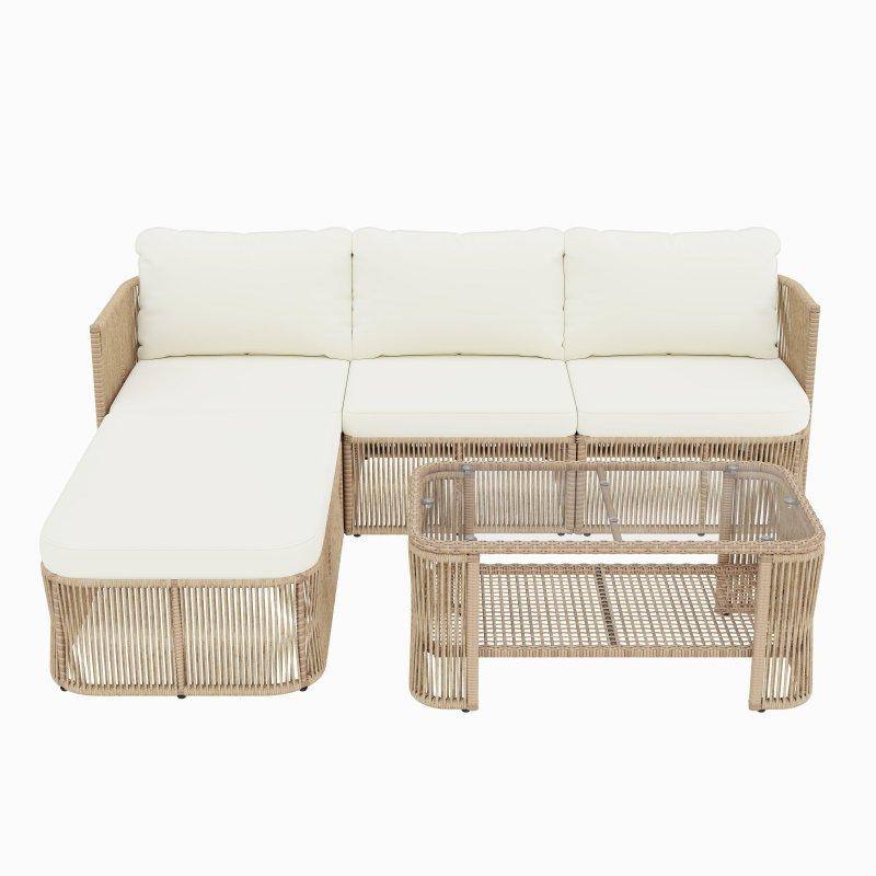 Bej Minderli PE Rattan Cam Tablalı Modüler Bahçe Takımı - 272233