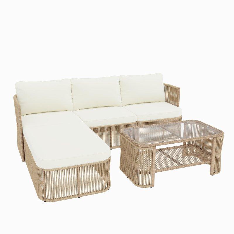Bej Minderli PE Rattan Cam Tablalı Modüler Bahçe Takımı - 272233