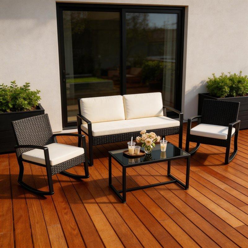 Bej Minderli Siyah Rattan Sallanır 4 Parça Bahçe Takımı - 269393