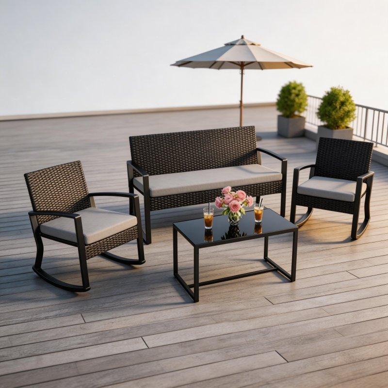 Bej Minderli Siyah Rattan Sallanır 4 Parça Bahçe Takımı - 269393
