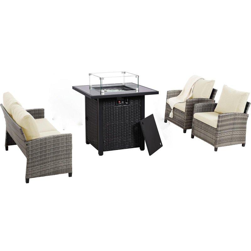 Bej PE Rattan Ateş Çukurlu Minderli 5 Parça Bahçe Takımı - 274602