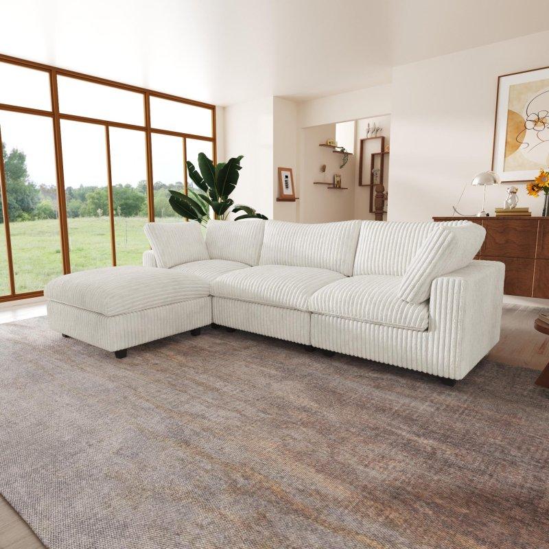 Bej Peluş Kumaş Kuş Tüyü Dolgulu Modüler Köşe Koltuk Puf Dahil - 300x200 cm - 260370