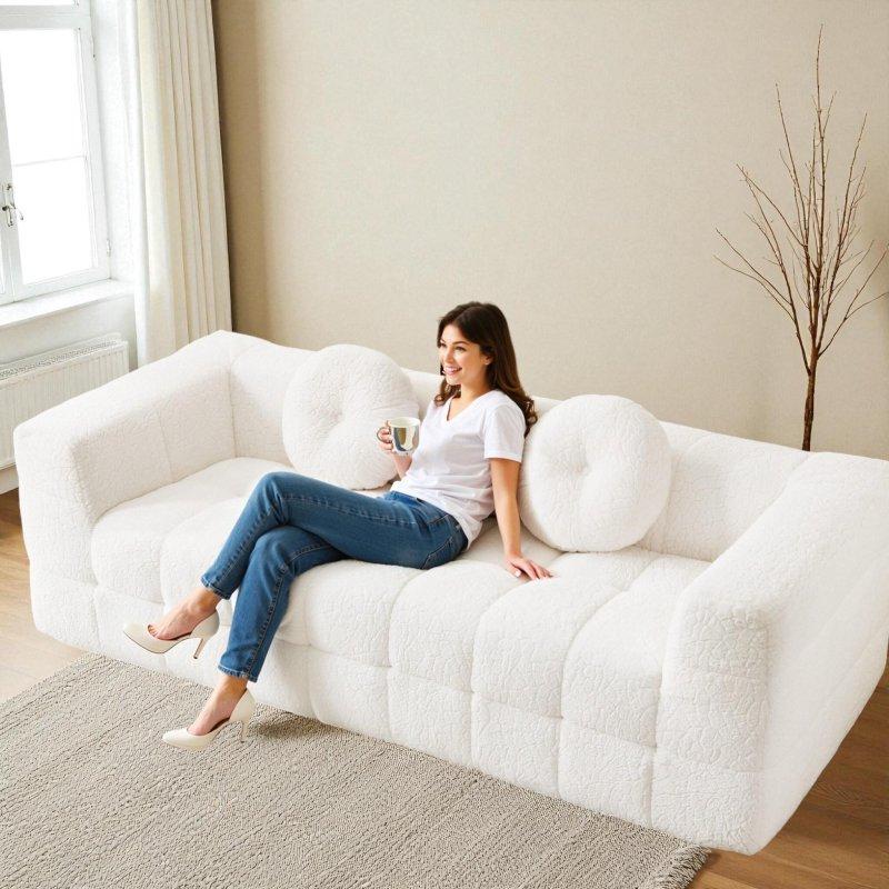Bej Polyester Damalı Tasarımlı Yuvarlak Yastıklı Bohem Koltuk - 215 cm - 286431