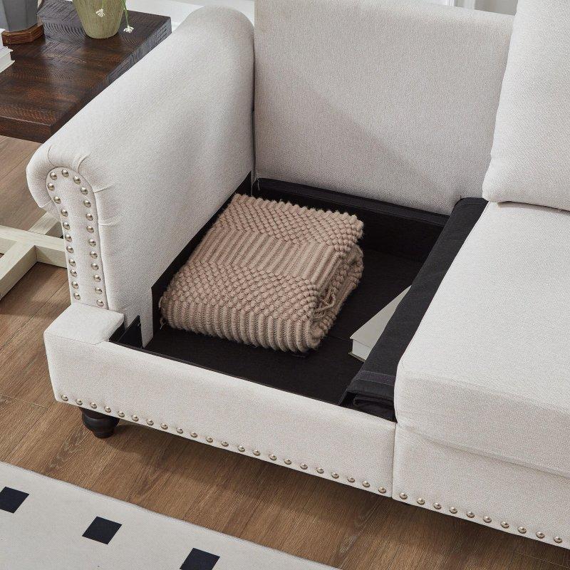 Bej Polyester Gümüş Zımba Detaylı Sandıklı 3 Kişilik Bohem Koltuk - 211 cm - 289165