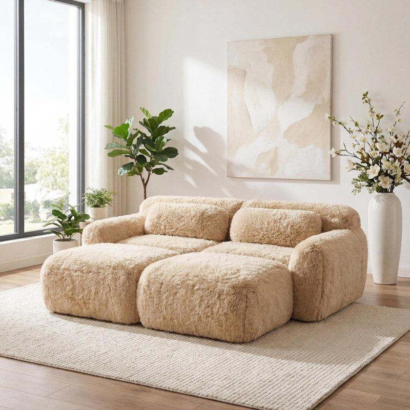 Bej Polyester Kumaş Modüler Kaymaz Tabanlı Köşe Koltuk - 259819