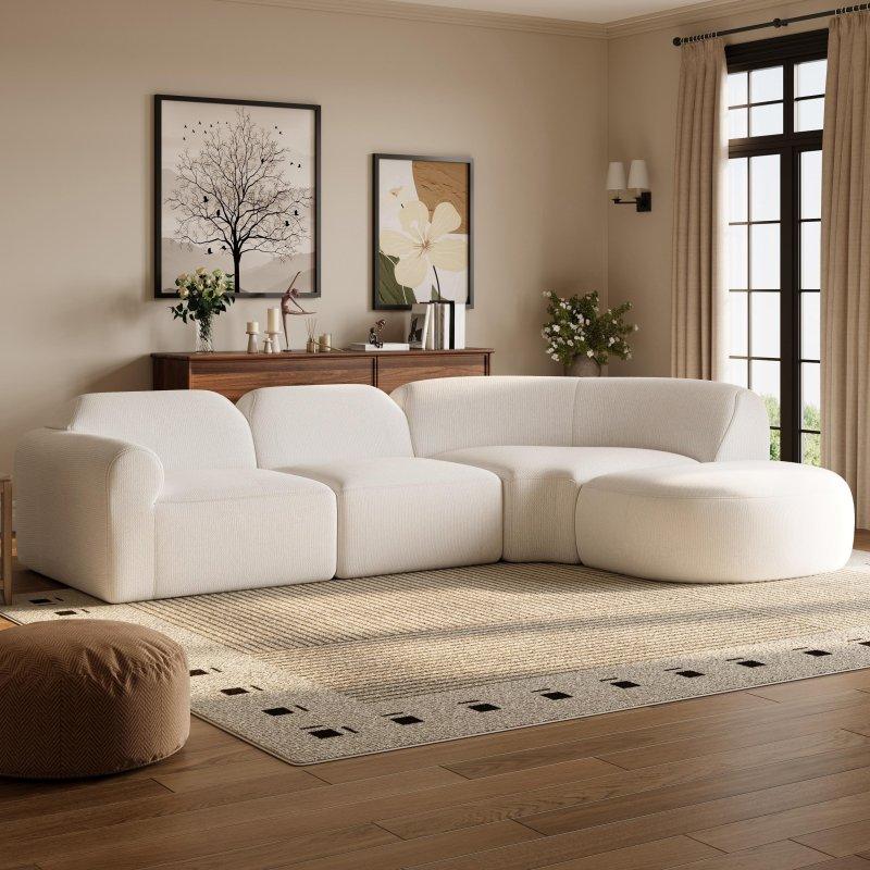 Bej Polyester Kumaş Puflu Kavisli Modern Köşe Koltuk - 282 cm - 254849