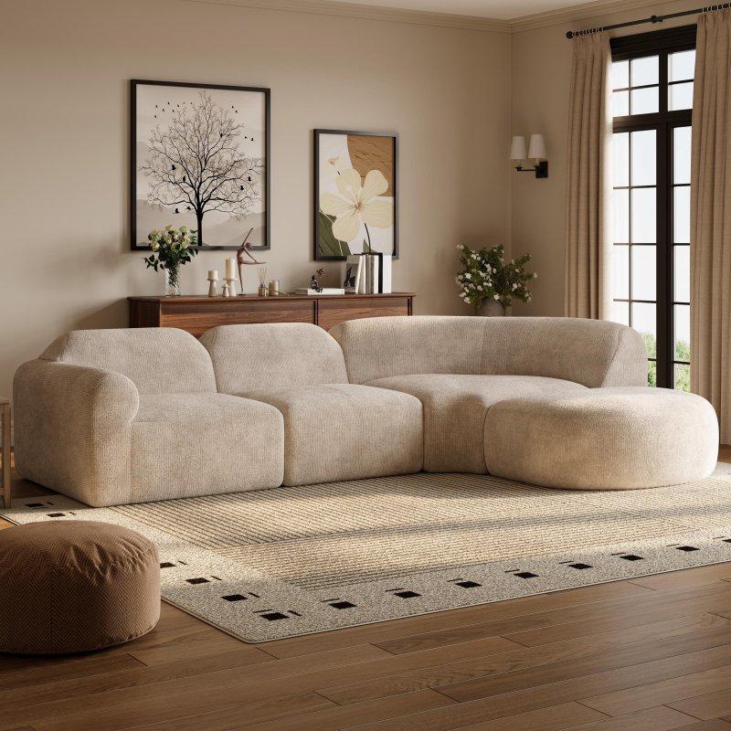 Bej Polyester Kumaş Puflu Kavisli Modern Köşe Koltuk - 282 cm - 254849