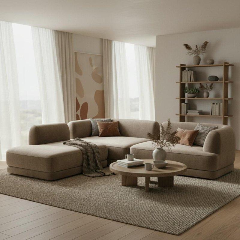 Bej Polyester Kumaş Sağ Uzanmalı Derin Oturumlu Köşe Koltuk - 294x238 cm - 258918