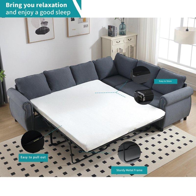 Bej Polyester Kumaş Yataklı 6 Kişilik Masif Ahşap ve Metal İskeletli Köşe Koltuk - 265x206 cm - 255678