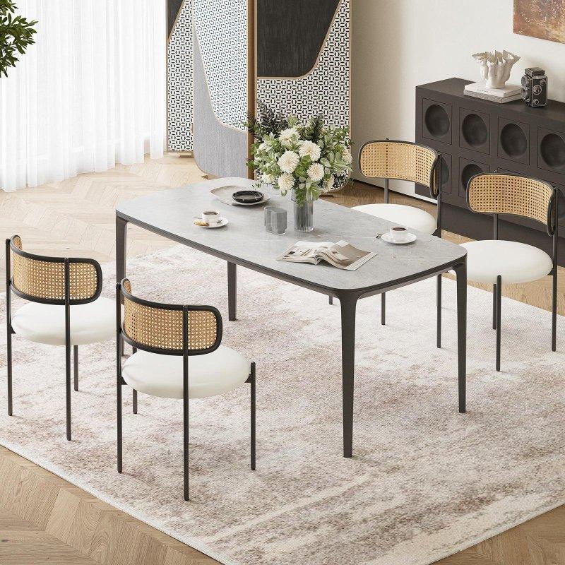 Bej PU Deri Döşemeli Siyah Metal Ayaklı 2li Set Rattan Sandalye - 252262