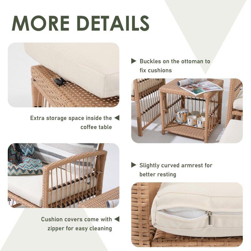Bej Puflu Kahverengi Rattan 5 Parça Bahçe Takımı - 275516