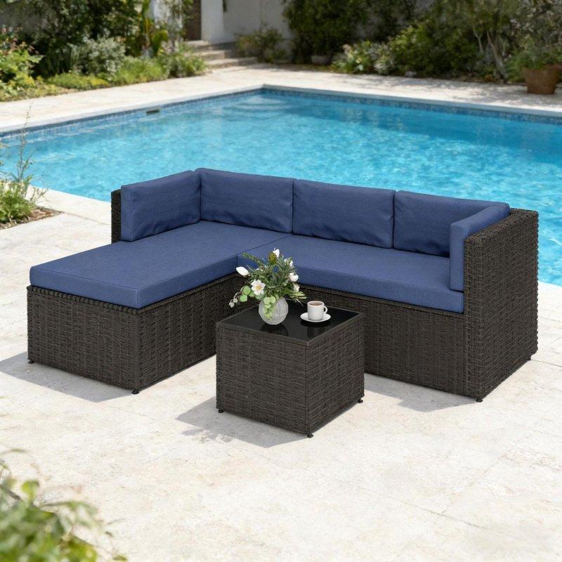 Bej Rattan Çelik İskeletli 3 Parça Köşe Bahçe Takımı - 274097