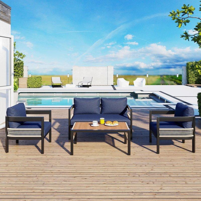 Bej Rattan Detaylı Metal Orta Sehpalı 4 Kişilik Bahçe Takımı - 268914