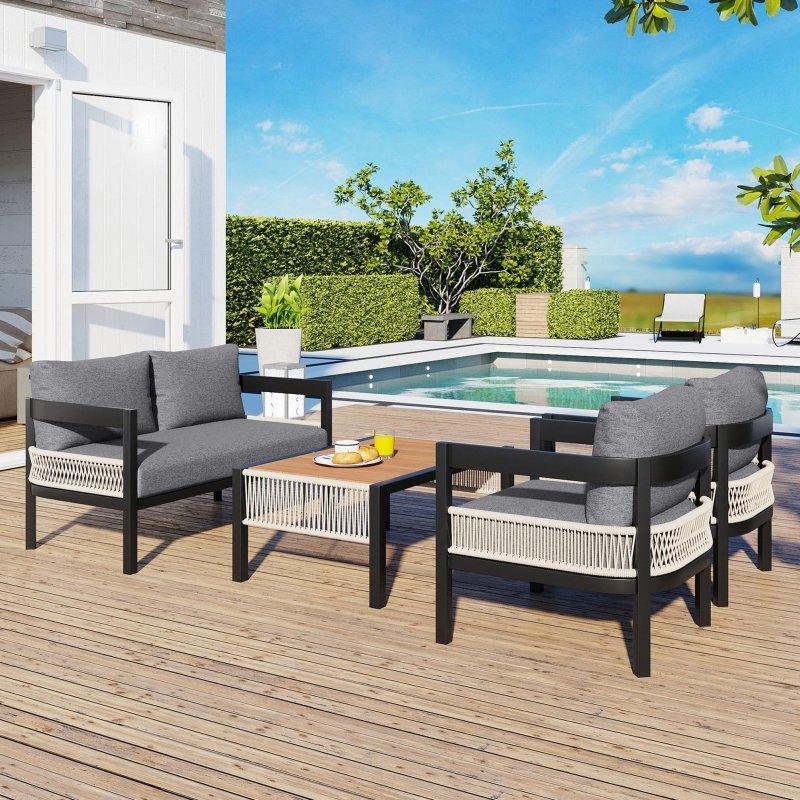 Bej Rattan Detaylı Metal Orta Sehpalı 4 Kişilik Bahçe Takımı - 268914