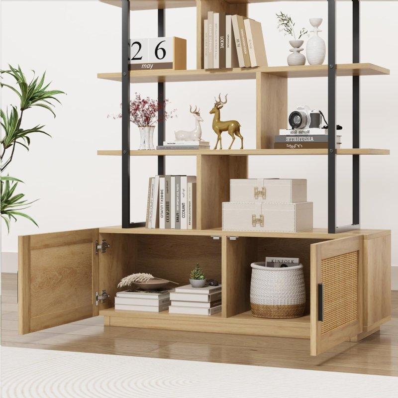 Bej Rattan Kapaklı ve Siyah Metal Çerçeveli 5 Raflı Kitaplık - 110x30x181 cm - 320813