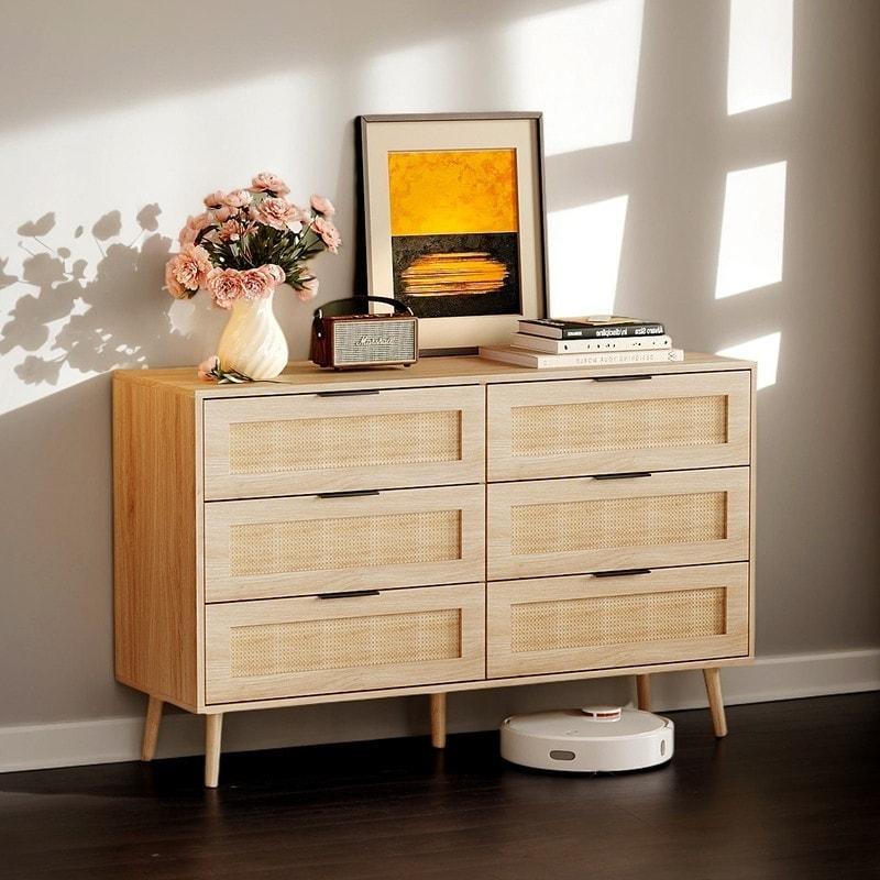 Bej Rattan Masif Ahşap Ayaklı 6 Çekmeceli Şifonyer - 120 cm - 301458