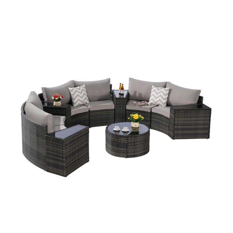 Bej Rattan Metal Modüler Yarım Daire 11 Parça Minderli Bahçe Takımı - 269357