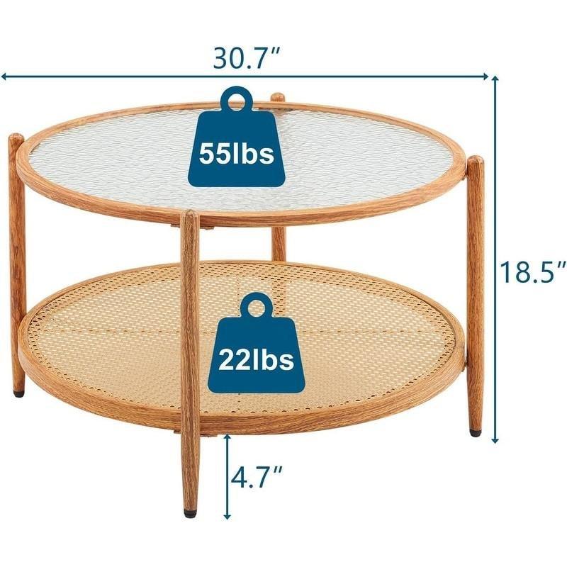 Bej Rattan Raflı Ahşap Görünümlü Metal Çift Katlı Yuvarlak Orta Sehpa - Ø78 cm - 240146