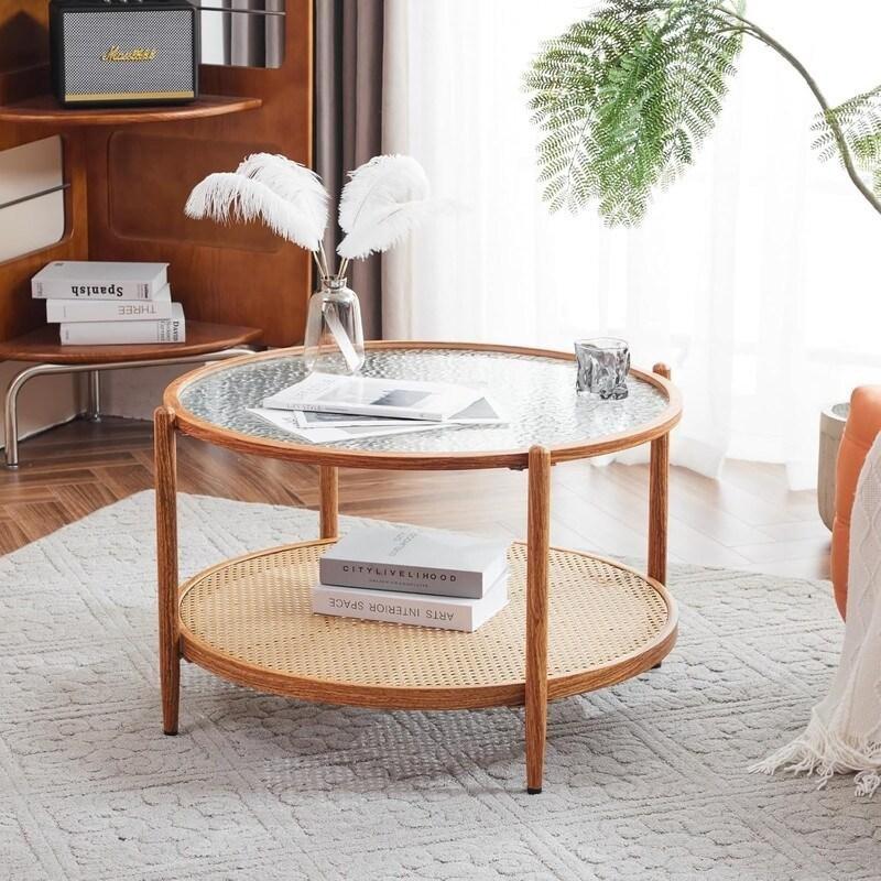 Bej Rattan Raflı Ahşap Görünümlü Metal Çift Katlı Yuvarlak Orta Sehpa - Ø78 cm - 240146