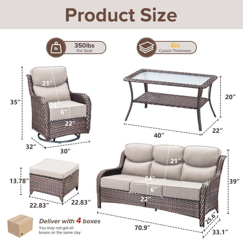Bej Rattan ve Çelik 6 Parça Dönerli Minderli Bahçe Takımı - 268333