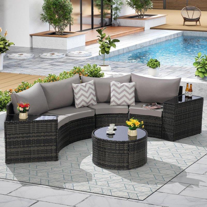 Bej Rattan ve Metal Modüler Yarım Ay Tasarımlı 7 Parça Bahçe Takımı - 268892