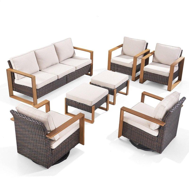 Bej Rattan Yüksek Sırtlı Minderli 7 Parça Bahçe Takımı - 274982