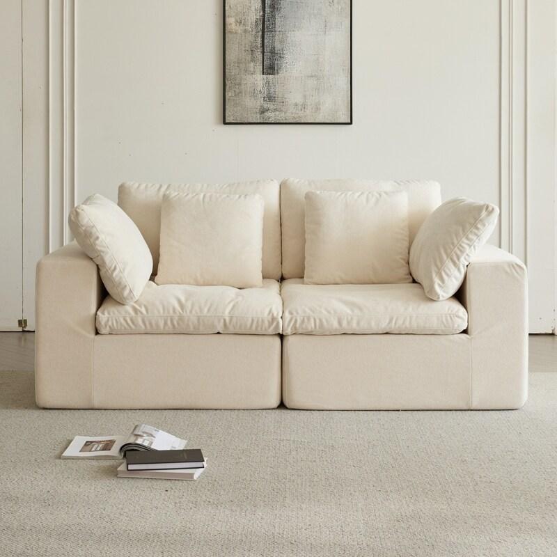 Bej Şerpa Kumaş Modüler Yastıklı Sırtlı Bohem Koltuk - 201x100x70 cm - 288995