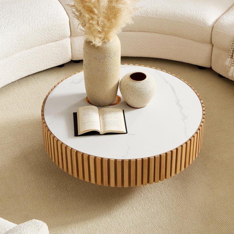 Bej Sinterlenmiş Taş Tablalı Tambur Tasarım Modern Yuvarlak Orta Sehpa - 90 cm - 241349