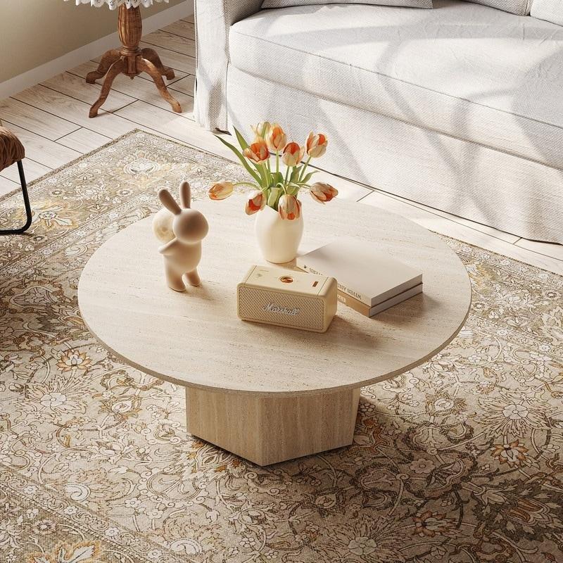 Bej Sinterlenmiş Taş ve Ahşap Suya Dayanıklı Yuvarlak Orta Sehpa - 90 cm - 241125