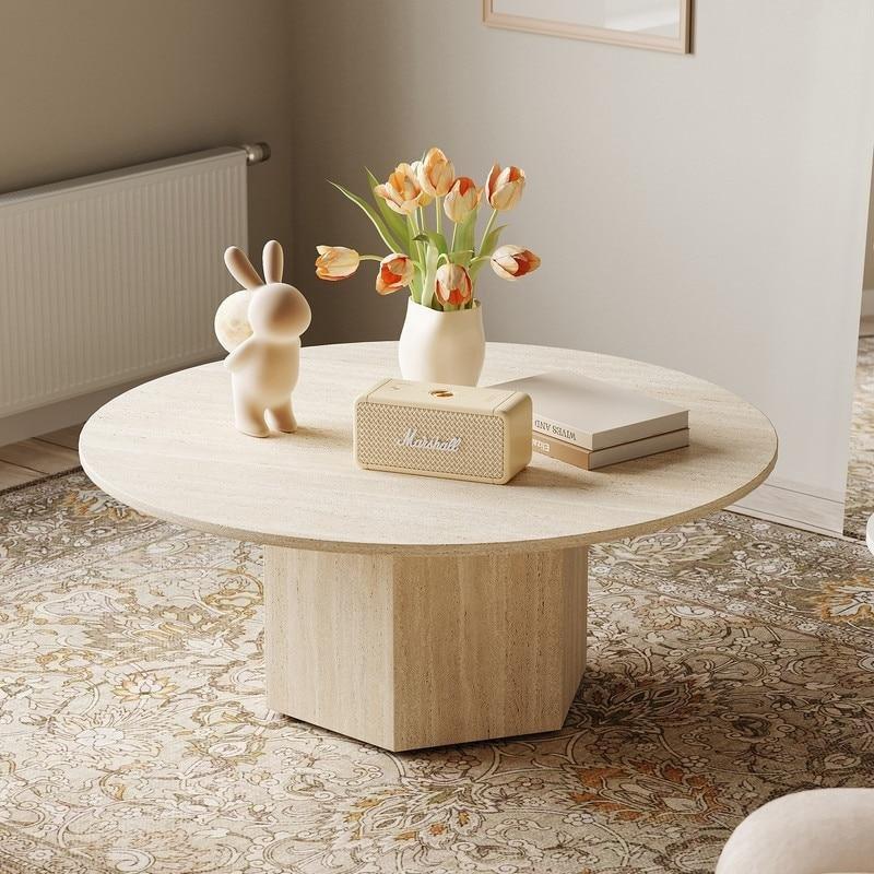Bej Sinterlenmiş Taş ve Ahşap Suya Dayanıklı Yuvarlak Orta Sehpa - 90 cm - 241125