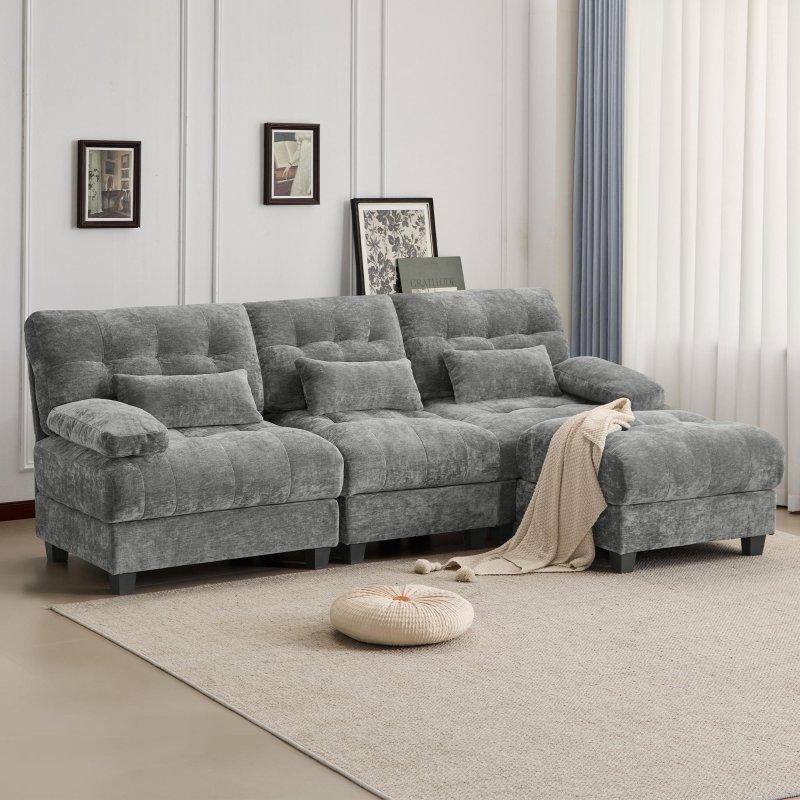 Bej Şönil Kumaş Ayarlanabilir Sırtlıklı Puflu Köşe Koltuk - 237 cm - 257917