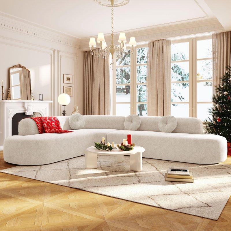 Bej Şönil Kumaş Kavisli Tasarım Ekstra Geniş Köşe Koltuk - 312x225 cm - 257274