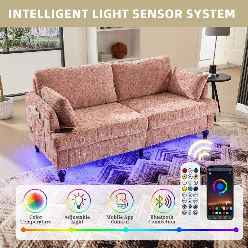 Bej Şönil Kumaş LED Işıklı USB Portlu Yan Cepli Ahşap İkili Bohem Koltuk - 291151