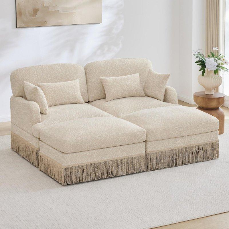 Bej Şönil Kumaş Leopar Desenli Püsküllü Modüler Bohem Koltuk - 176x141 cm - 289911