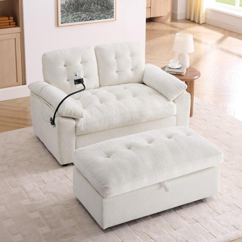 Bej Şönil Kumaş Manuel Ayarlanabilir Sırtlıklı ve USB Portlu İkili Bohem Koltuk - 143x79x89 cm - 290656
