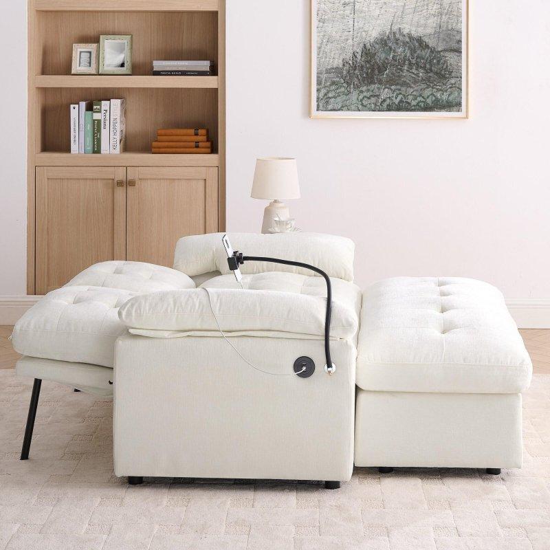 Bej Şönil Kumaş Manuel Ayarlanabilir Sırtlıklı ve USB Portlu İkili Bohem Koltuk - 143x79x89 cm - 290656