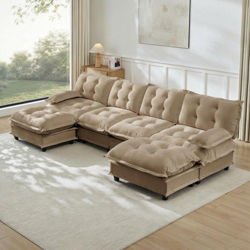 Bej Şönil Kumaş Masif Ahşap İskeletli 2 Puflu Modüler U Köşe Koltuk Takımı - 352 cm - 256982