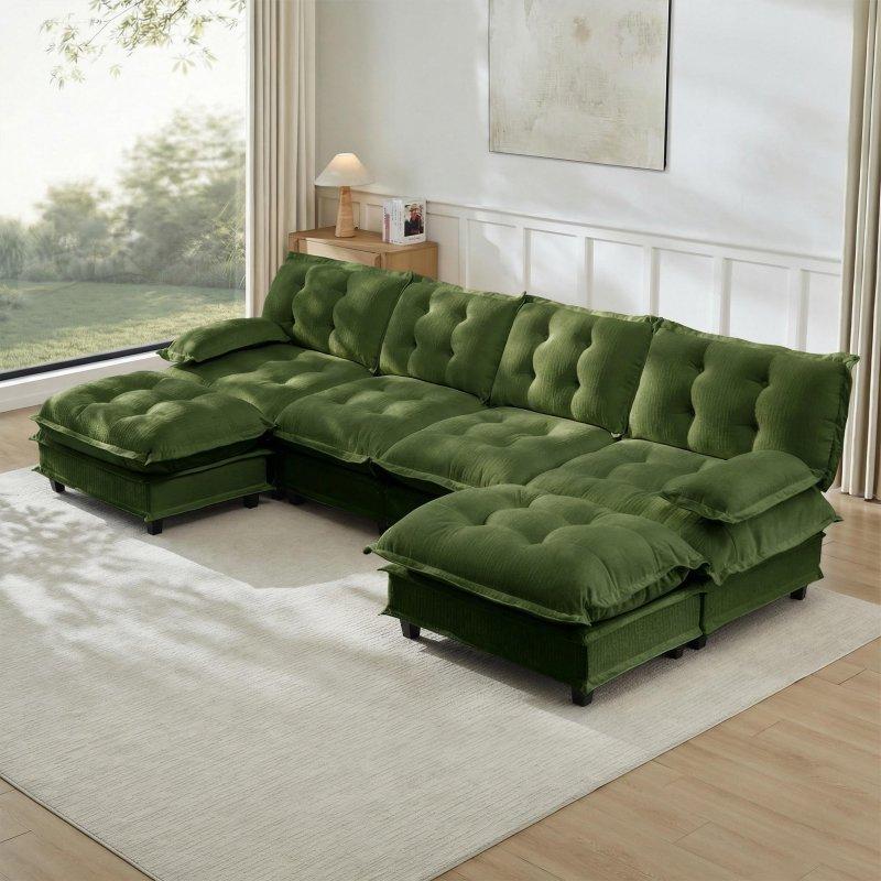 Bej Şönil Kumaş Masif Ahşap İskeletli 2 Puflu Modüler U Köşe Koltuk Takımı - 352 cm - 256982